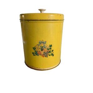 Yellow Vintage Metal Storage Canister With Lid Fruit Basket Design 8" Metal Ware